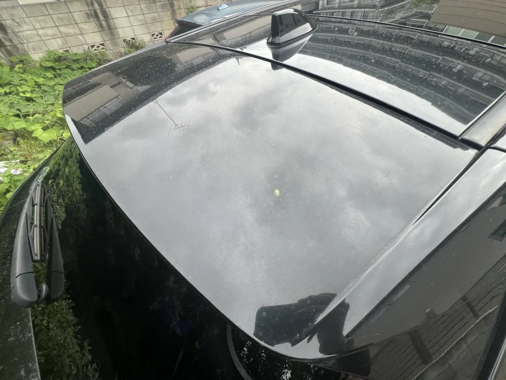 黒いハリアー80系のルーフとパノラマルーフに残った雨跡