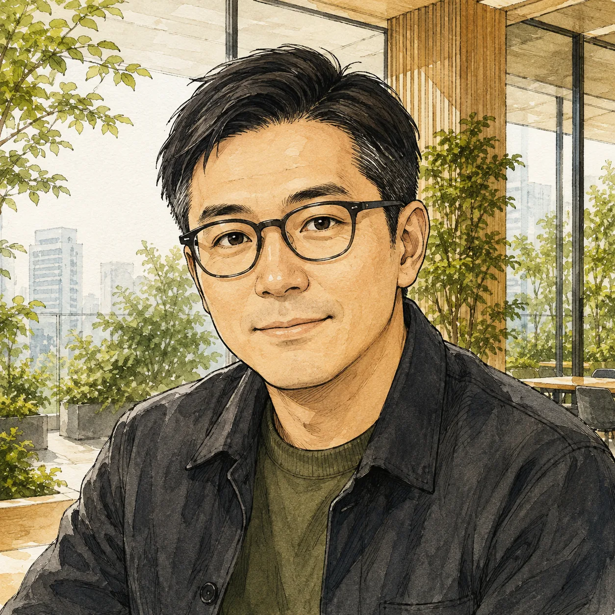 眼鏡と黒いジャケット姿の運営者・黒羽 航生のイラスト